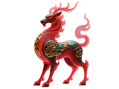 新中式挂件 霓虹线描麒麟雕塑 国潮发光神兽模型 新中式祥瑞摆件 3D数字艺术装置 商业美陈IP道具