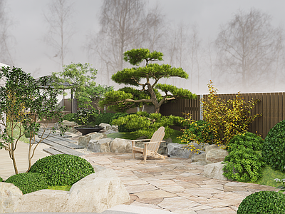 日式禅意别墅庭院 景观石 植物 松树 操作台 面包窑