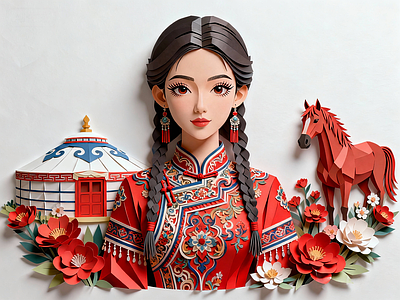 剪纸艺术风女人 蒙古衍纸艺术肖像 蒙古族姑娘 国潮纸艺装饰画 民族风立体纸雕 3D数字艺术插画