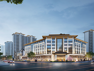 新中式酒店建筑 现代中式酒店建筑 商业建筑 转角商业 精工立面