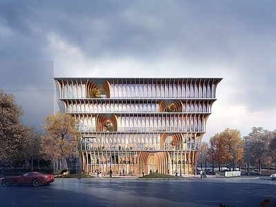 现代木结构建筑图书馆外观 现代图书馆