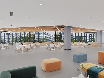 现代简约休息区 独立休闲区 学校图书馆 开放式布局 无主灯设计 校园风