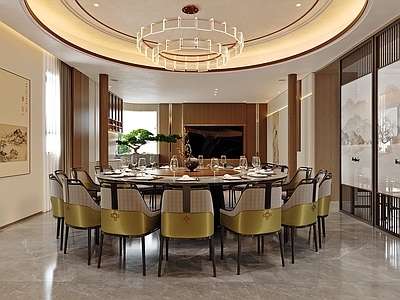 新中式包厢 餐厅包厢 墙板背景墙 会客沙发区 圆形餐桌椅 茶室