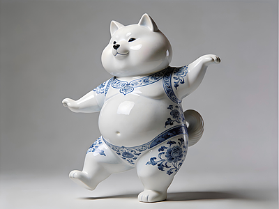 新中式雕塑摆件 旺柴卡通IP 青花瓷摆件 雕塑 艺术品 美陈