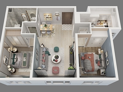 北欧风公寓 家装样板间鸟瞰图 样板间鸟瞰 客餐厅卧室厨房 卫生间餐厅 家具组合装饰摆件