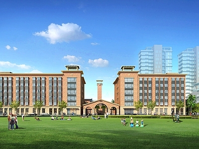 现代学院风学校外观 现代学校 学校 红砖学校 欧式学校