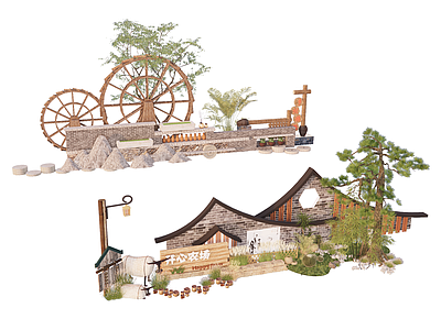 新中式景观景墙 园区农村入口景墙 水车农耕文旅景墙 田园农场入口景墙 农旅打卡形象地标 灰砖院墙景观构筑