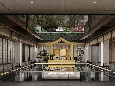 新中式售楼处 下沉庭院 回廊 景观水池