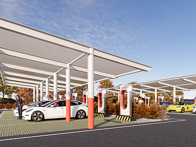 现代主义停车场 充电站 露天充电停车棚 充电停车棚 特斯拉充电站 特斯拉充电棚