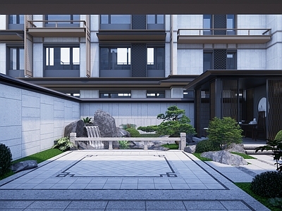 新中式景观别墅庭院 别墅庭院 示范区庭院 新中式庭院 庭院假山跌水 庭院水景
