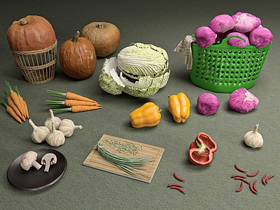 低多边形风格水果蔬菜 蔬菜水果  烹饪食物  厨房餐具  刀具果盘  菜板砧板