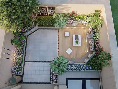 现代简约屋顶花园 现代花园 灯具 水池 锈板景墙、