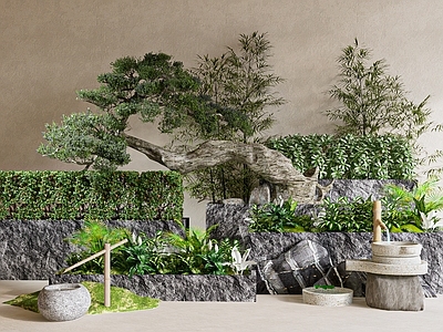 新中式景观庭院小品 植物组合  户外绿化  绿植古树  庭院景观  盆栽盆景