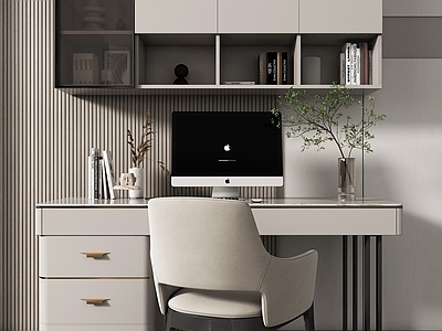 现代简约办公桌椅 现代书桌椅组合 吊柜 书桌 椅子 摆件组合