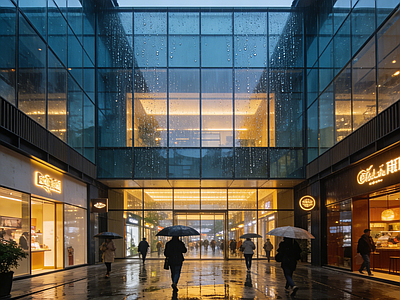 现代街道外景 商业街外景 人行道 街道夜景 街道外景 雨景