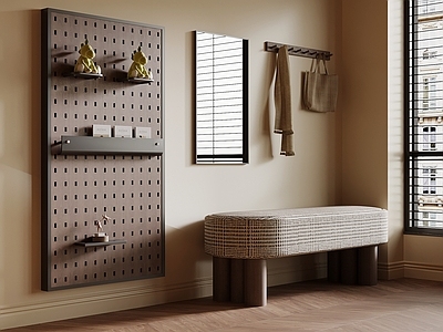 奶油风玄关 换鞋凳 挂钩 镜子 洞洞板