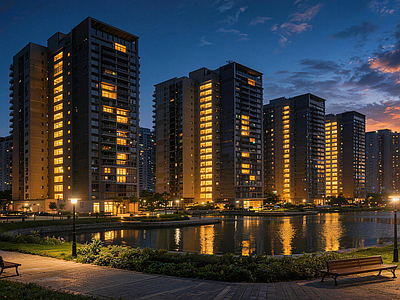 现代小区HDR 居民区黄昏HDR 小区夜景HDR 黄昏HDR