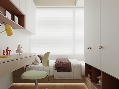 奶油风榻榻米卧室 现代榻榻米房 现代儿童房 现代女孩房 百叶帘