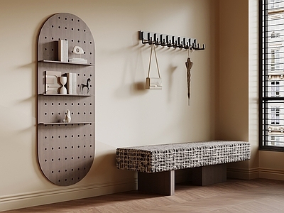 奶油风玄关 换鞋凳 挂钩 洞洞板
