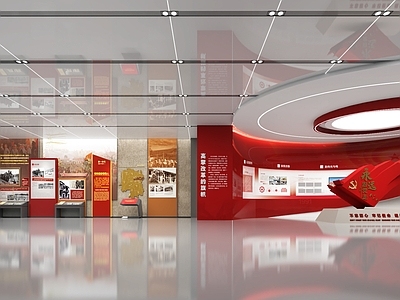 现代党建风党建展厅 党建展厅 党建旗帜 党建贴图 党建展板排版