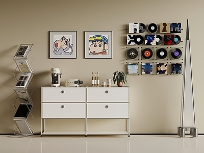 奶油风玄关 边柜 落地灯 书架