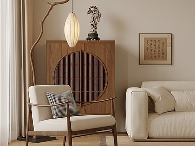 新中式双人沙发 休闲椅 斗柜 落地灯