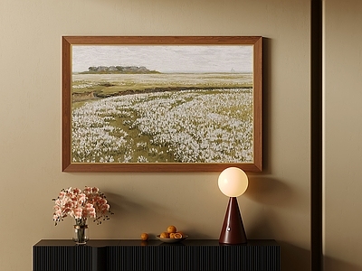 中古风玄关 中古抽象画 油画 胡桃木画框装饰画 台灯