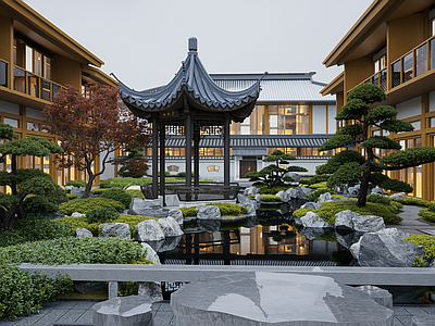 新中式景观庭院小品 中庭景观 庭院景观 四角亭 庭院水景