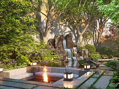新中式别墅庭院 庭院 水景 叠水 下沉空间