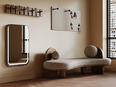 奶油风玄关 换鞋凳 挂钩 洞洞板 镜子