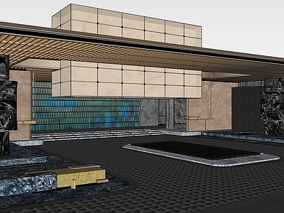 新中式售楼处建筑 轻奢住宅前场景观 示范区售楼处入口 酒店式 二进院 跌水