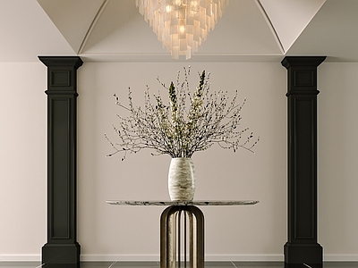 现代轻奢玄关 入户玄关门厅 门厅花艺摆件 吊灯 桌几
