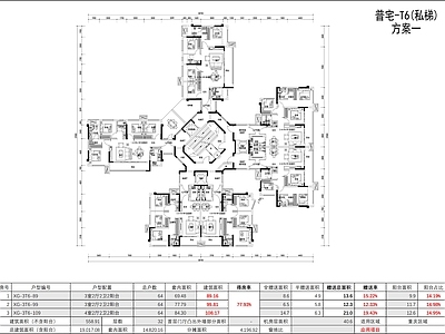 现代住宅楼建筑 第四代住宅 T6私梯 三户型单元 入户花园 施工图