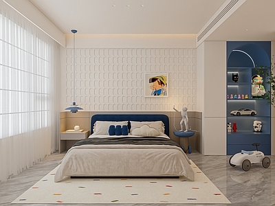 奶油风男孩房 现代男孩房 男孩房 卧室家具台灯 手办柜 儿童房