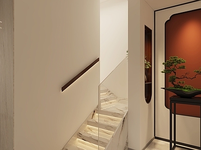 新中式玄关 新中式楼梯 别墅楼梯 新中式造景 中式造景 楼梯