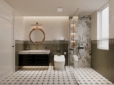 中古风卫生间 法式 卫生间 花砖