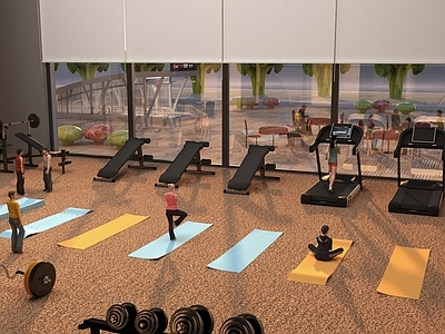 现代简约健身房 微缩景观健身房  便利签瑜伽垫  西兰花行道树  健身器材杠铃  跑步机餐桌椅