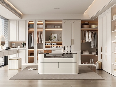 奶油风衣帽间 衣帽间  衣柜  中岛台 化妆台 衣服