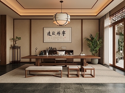 新中式茶室 新中式茶室 吊灯 茶桌椅组合 装饰柜