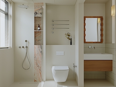 奶油风卫生间 奶油风卫生间 中古风卫生间 中古镜子 现代卫生间 壁挂式马桶毛巾架