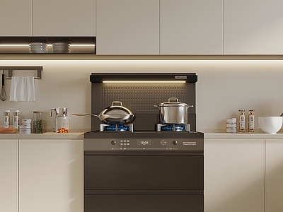 现代封闭式厨房 现代奶油风厨房 厨房电器 厨房用品组合 集成灶