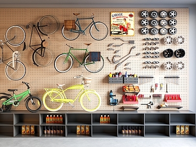 复古健身器材 现代自行车 单车店铺 洞洞板工具 洞洞板车店配件 折叠车