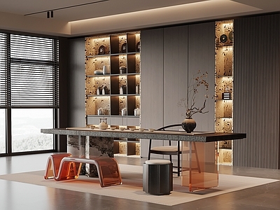 现代茶室 书房 书柜 书桌椅