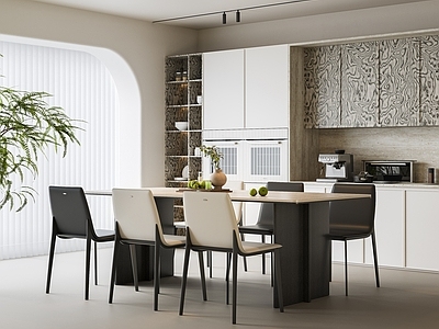 极简别墅餐厅 现代意式餐厅 餐桌椅组合 长餐桌椅组合 餐椅 餐边柜