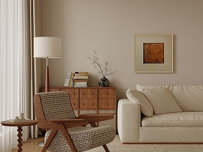 中古风双人沙发 休闲椅 斗柜 落地灯 装饰画