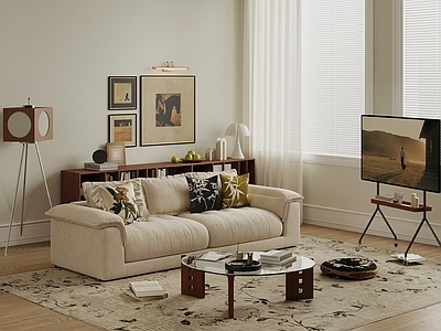 中古风双人沙发 沙发 茶几 休闲椅 落地灯 支架电视