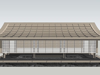 新中式风格建筑 新中式禅意亭廊 日式廊架特色挂帘 斜屋顶古建飘檐 下沉卡座特色格栅 矮栏杆