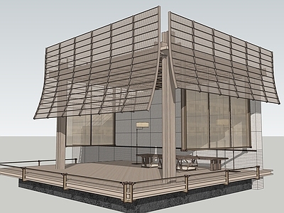 新中式售楼处建筑 新中式轻奢景观亭 特色格栅挂帘 金属编制网挂帘 矮栏杆禅意茶亭 茶桌茶座景观灯