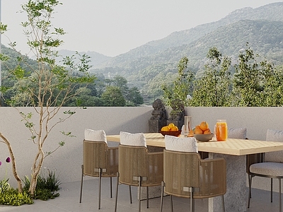 现代简约阳台 阳台花园 户外餐桌椅组合 休闲椅 阳台景观小品 景观树