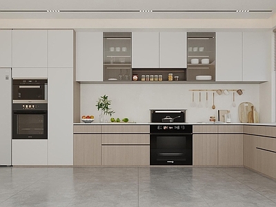 现代简约封闭式厨房 现代原木风厨房  厨房电器组合 冰箱柜 集成灶 L型厨房